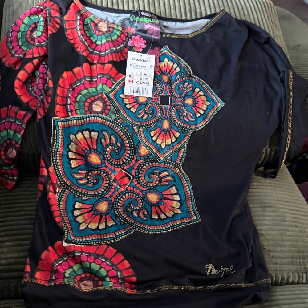 Desigual Women's Black Top with Vibrant Patterns